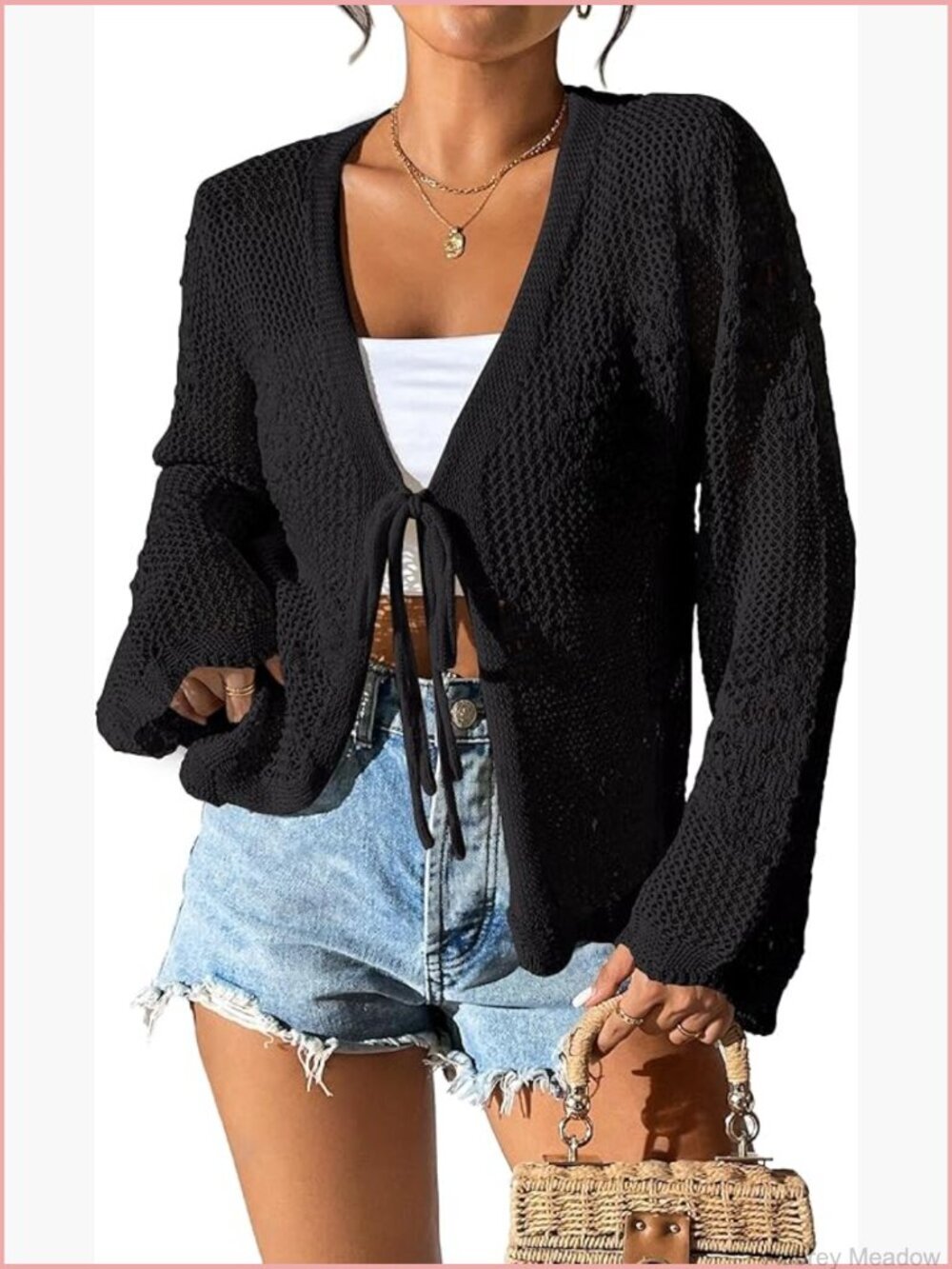 Lightweight Crochet Tie Front Cardigan Shrug Crop Top Knit Cover Up